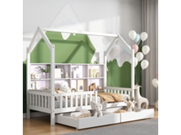 Cama Infantil Em Formato De Lareira, Branca 90x200cm, Com Estante Multifuncional, Gavetões E Nichos Para Livros E Objetos.