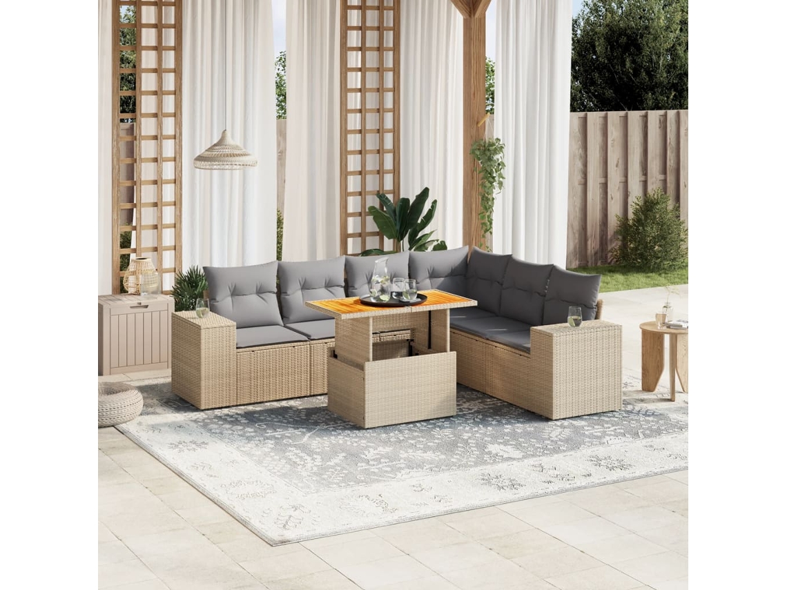 Vidaxl 7 Pcs Conjunto De Sofás P/ Jardim Com Almofadões Vime Pe Bege