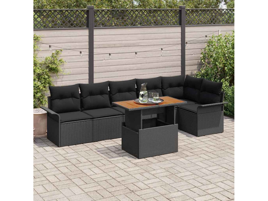 Vidaxl Conjunto De Sofá De Jardim Com Almofada 7 Pcs Preto Vime Pe