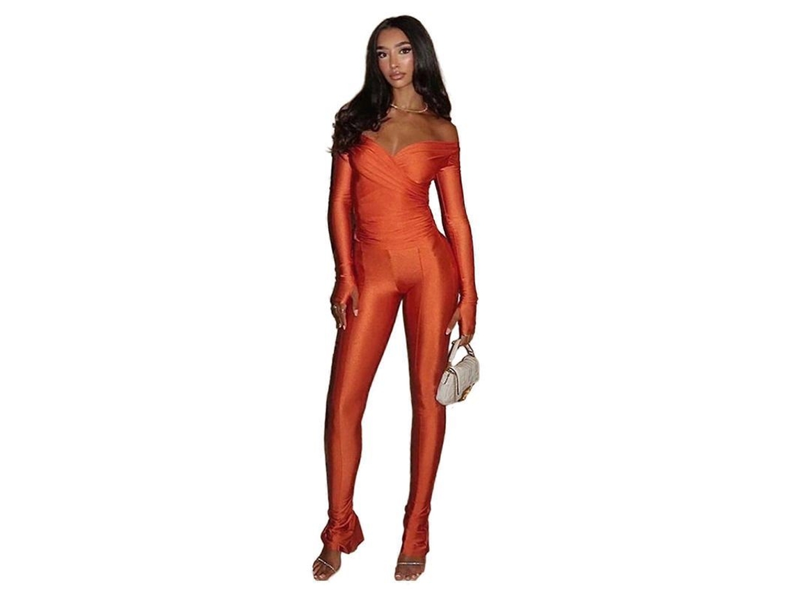Conjunto De Esporte Casual Com Blusa De Gola V E Calça De Cintura Alta Para Mulher Laranja
