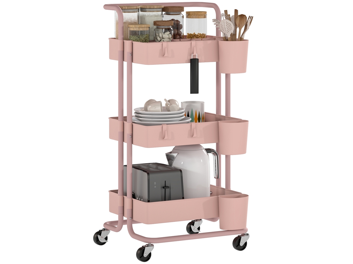 Carrinho Auxiliar com Rodas Carrinho de Armazenamento Multifuncional com Ganchos e Caixas Suspensas 42x38x86,5 Cm Rosa Ge