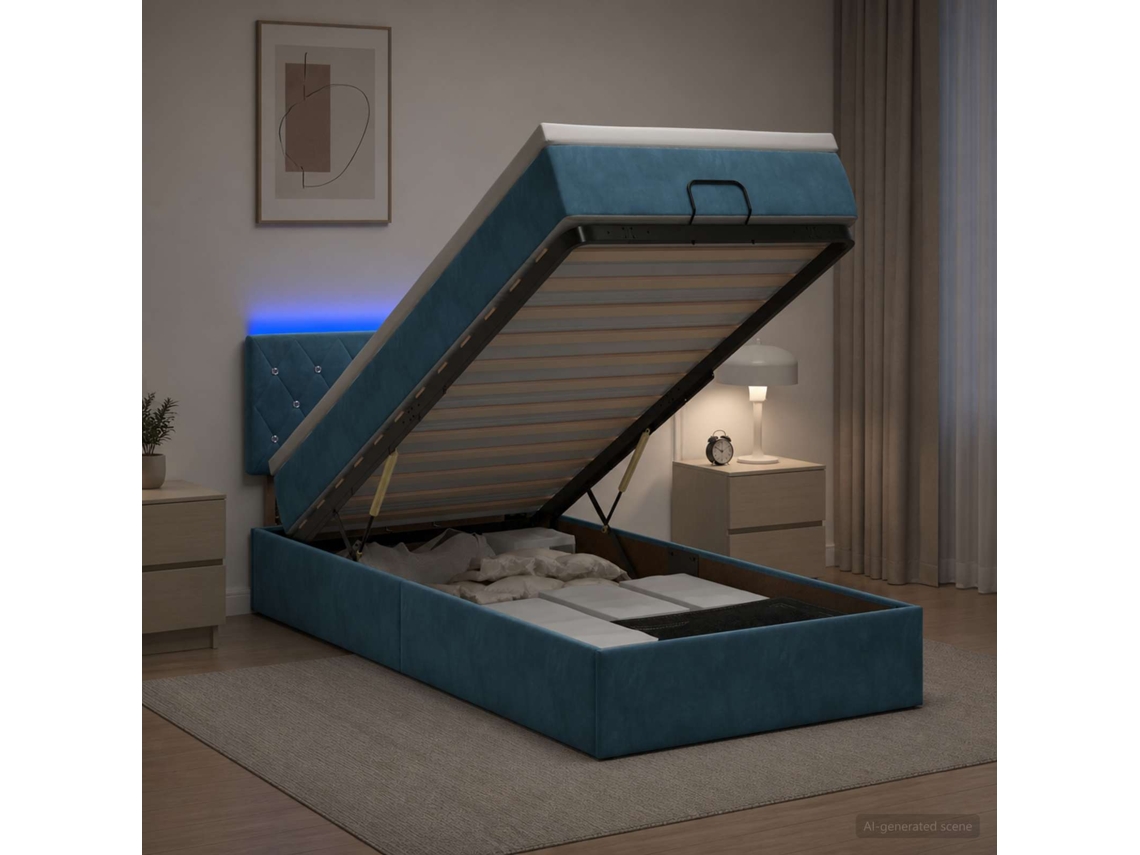 Vidaxl Cama Ottoman Com Colchão E Led Azul Escuro 90 X 200 Cm Veludo