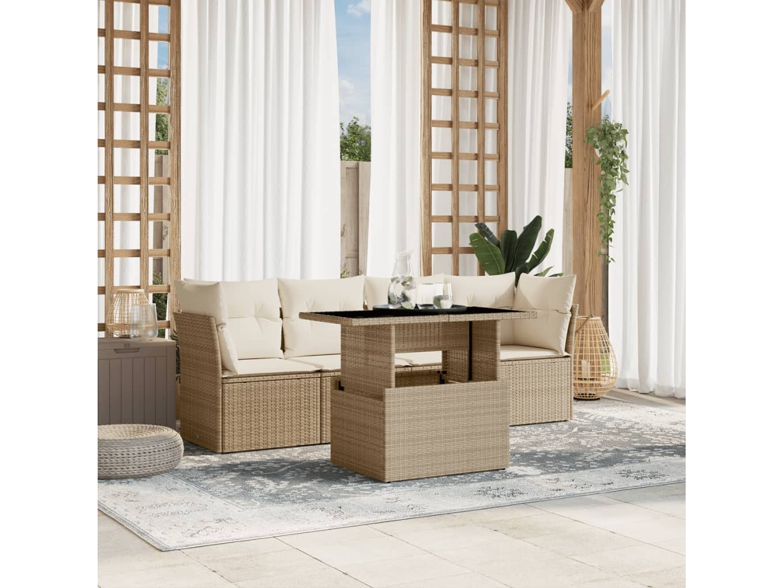 Vidaxl 5 Pcs Conjunto De Sofás P/ Jardim Com Almofadões Vime Pe Bege
