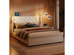 Cama ZIONE 160x200 cm con USB, somier hidráulico con almacenaje e iluminación LED en terciopelo beige.
