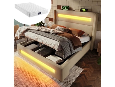Cama Casal 160x200 Com Led, Armazenamento Hidráulico, Usb, Estrutura De Metal Com Ripas, Linho Bege