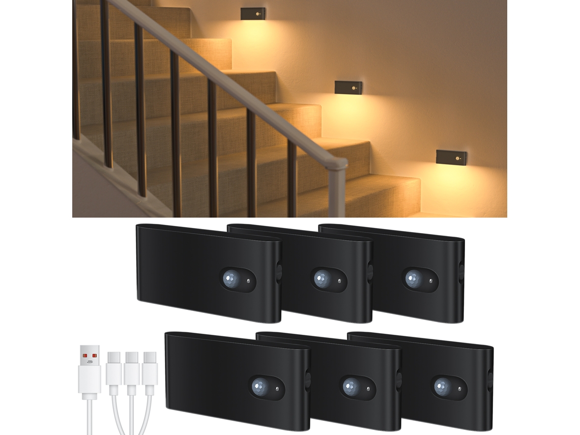 (preto, Conjunto De 6 Peças) Luz Noturna Recarregável Com Sensor De Movimento, Luz Branca Quente Para Ambientes Internos