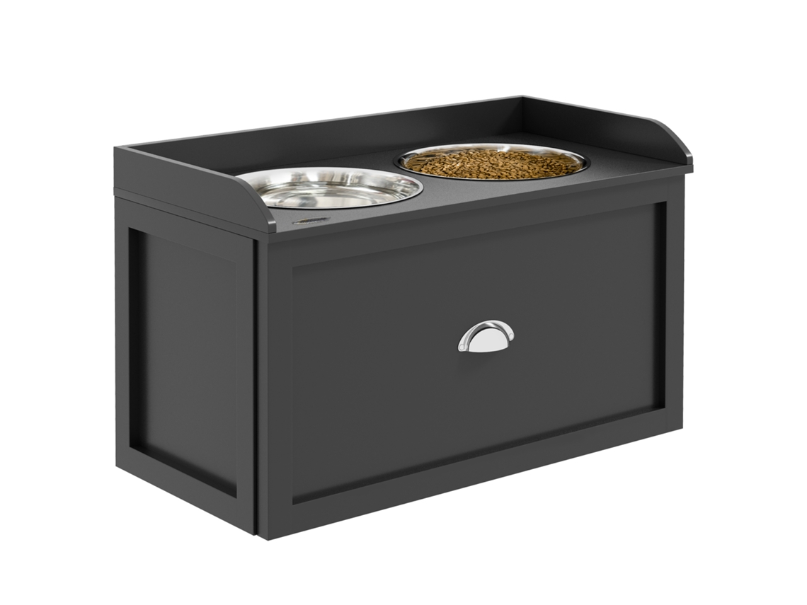 Estação de Alimentação, 2 Tigelas de 2 Litros Cada, Aço Inoxidável, com Gaveta, para Cães Grandes, +prateado, 60 X 30 X 36 Cm Preto