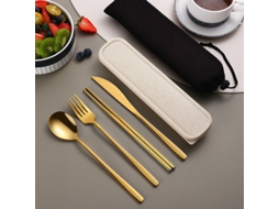 Conjunto de Talheres Portátil em Aço Inoxidável 304 , Incluindo Faca, Garfo, Colher e Estojo para Armazenamento. MDUG (dourado)