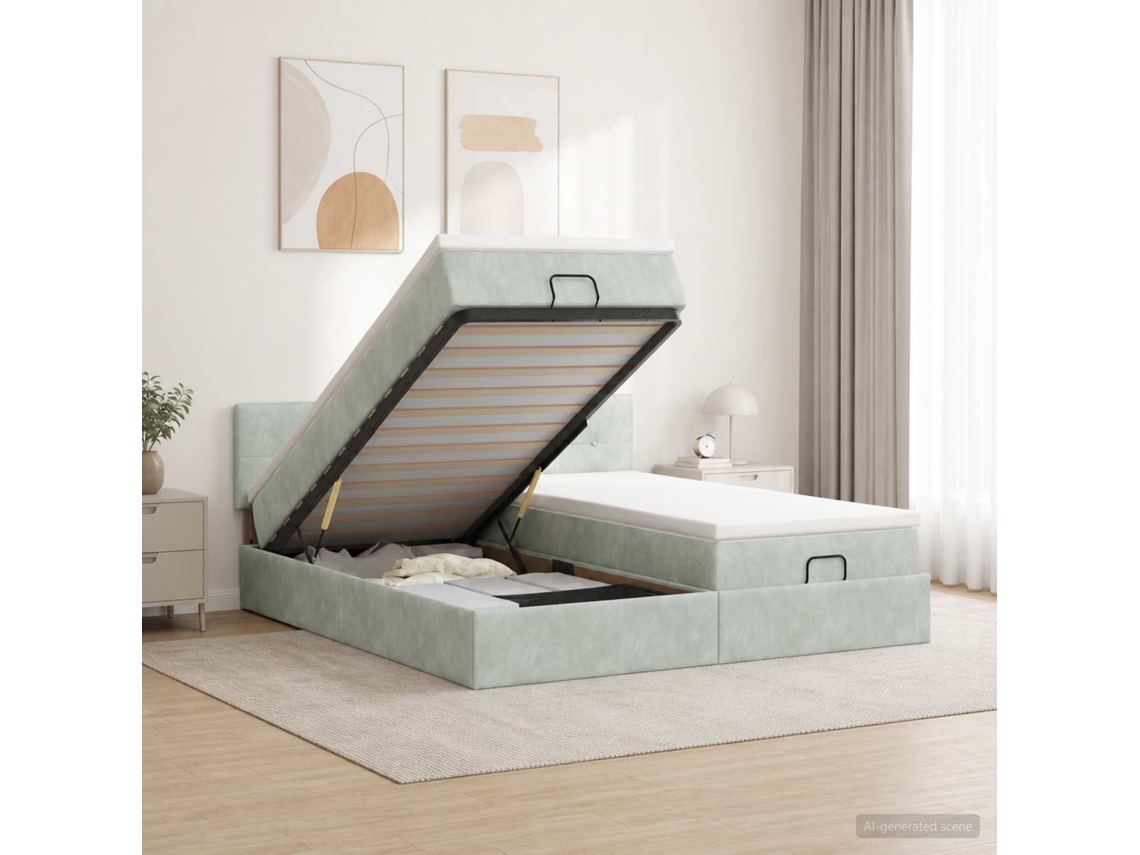 Vidaxl Cama Ottoman Com Colchão E Led Cinzento-claro 180 X 200 Cm