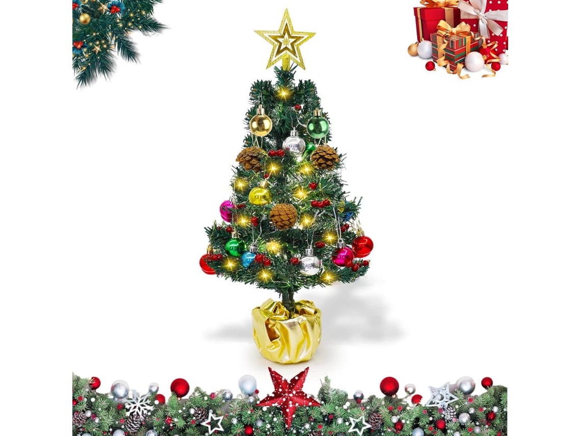 Árvore De Natal Artificial 45cm Com Luzes Led, Operada A Bateria, Ornamento Com Estrela Dourada E Bolas