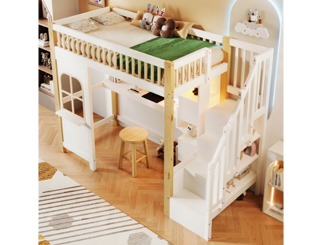 Beliche Arhatreya Com Led, Janela, Treppe Com Baãº, Escrivaninha E Tomada (90x200 Cm Branco/natural)