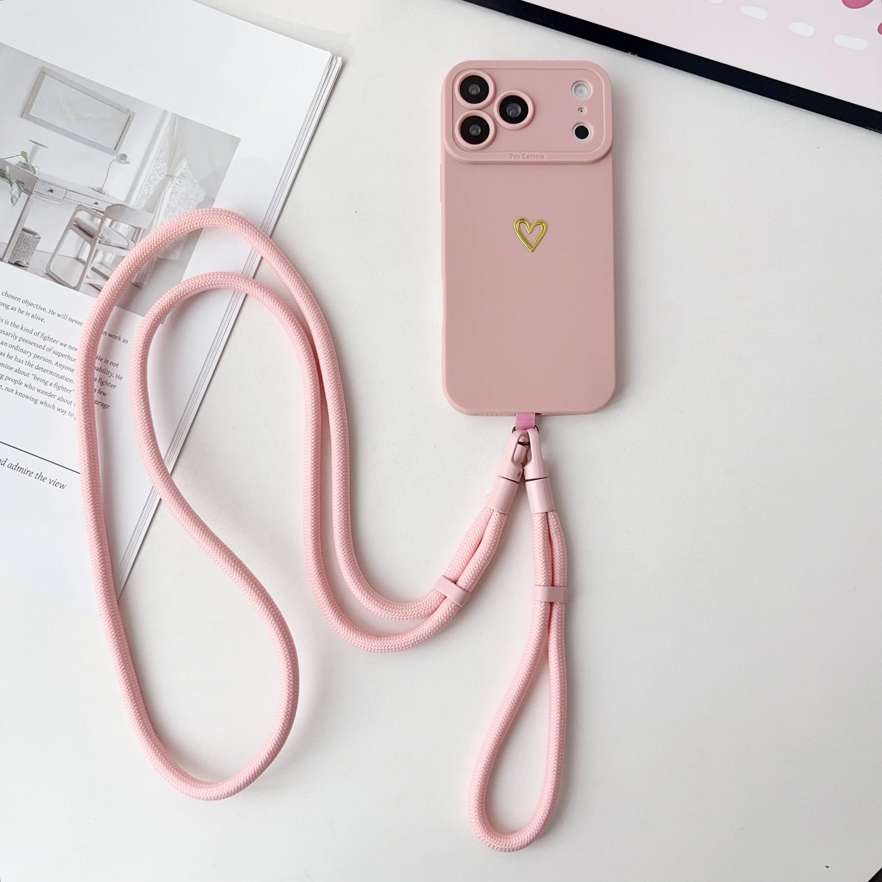 Capa Para Celular (iphone 16 Pro Max Rosa) Com Alça De Mão E Transversal, Resistente A Quedas, Em Silicone Macio.