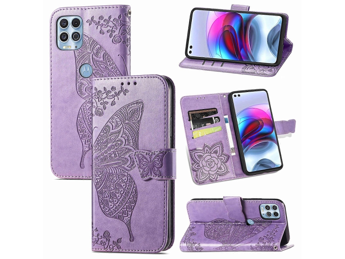 Capa De Couro Com Aba Horizontal, Estampa De Borboletas E Flores Em Relevo, Para Motorola Edge S, Com Suporte, Compartimentos Para Cartões, Carteira E