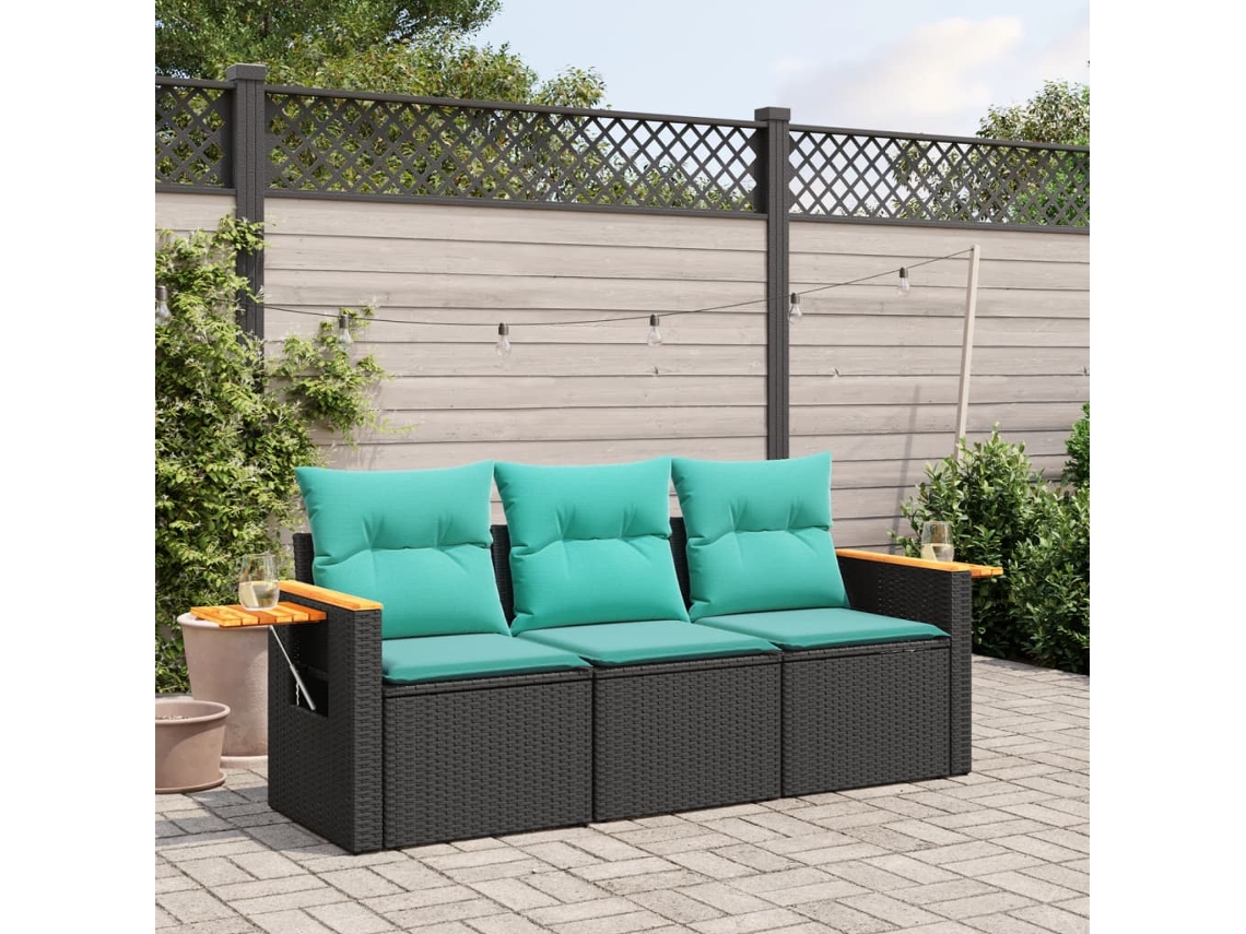 Vidaxl 3 Pcs Conjunto Sofás De Jardim Com Almofadões Vime Pe Preto