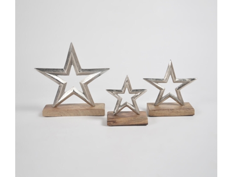 Peça Decorativa LUV SAFFRON Iron Stars With Light Burnt Wooden Base Set Of 3