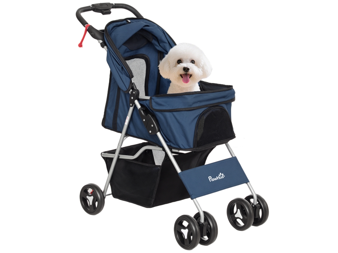 Carrinho Para Escuro Cães Com Cesta De Armazenamento Ajustável Toldo E Rodas Freio, Tecido Oxford, 77x45x99,5 Cm Azul