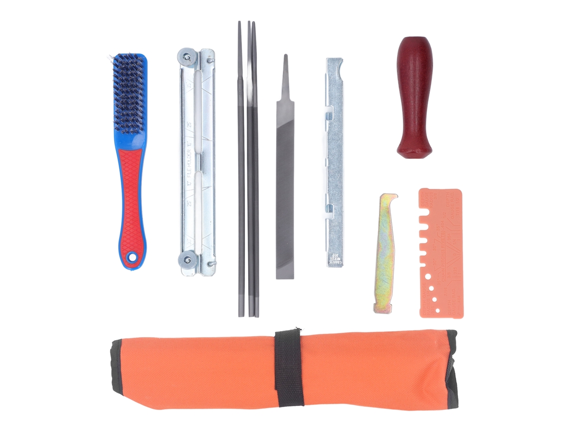 Kit De Afiador Para Serra De Cadeia 11 Peças Com Arquimedes E Mango Medidor De Dentes