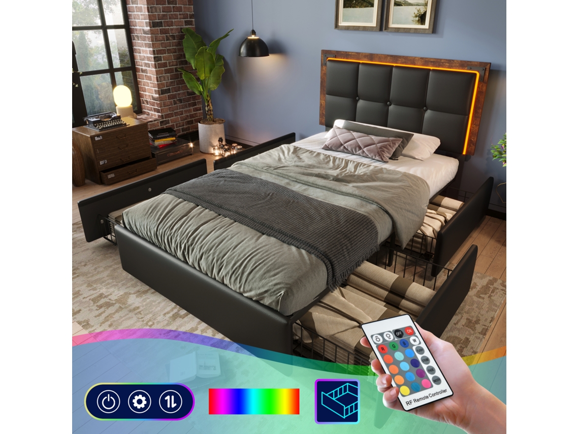 Bettgestell 90x200cm Com Led E 4 Gavetas Polsterbett Pu Preto Sem Colchão