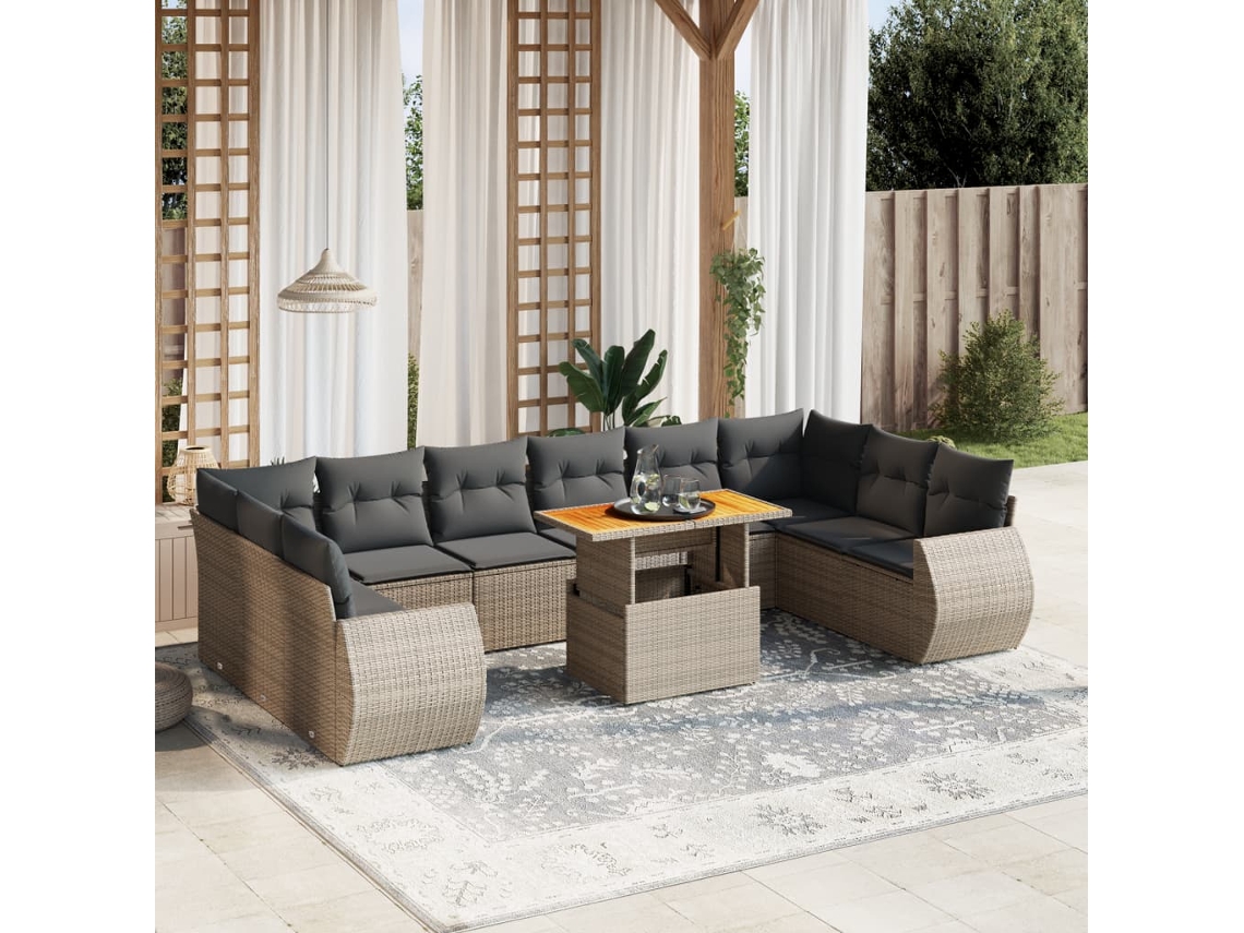 Vidaxl 11 Pcs Conjunto Sofás De Jardim C/ Almofadões Vime Pe Cinzento