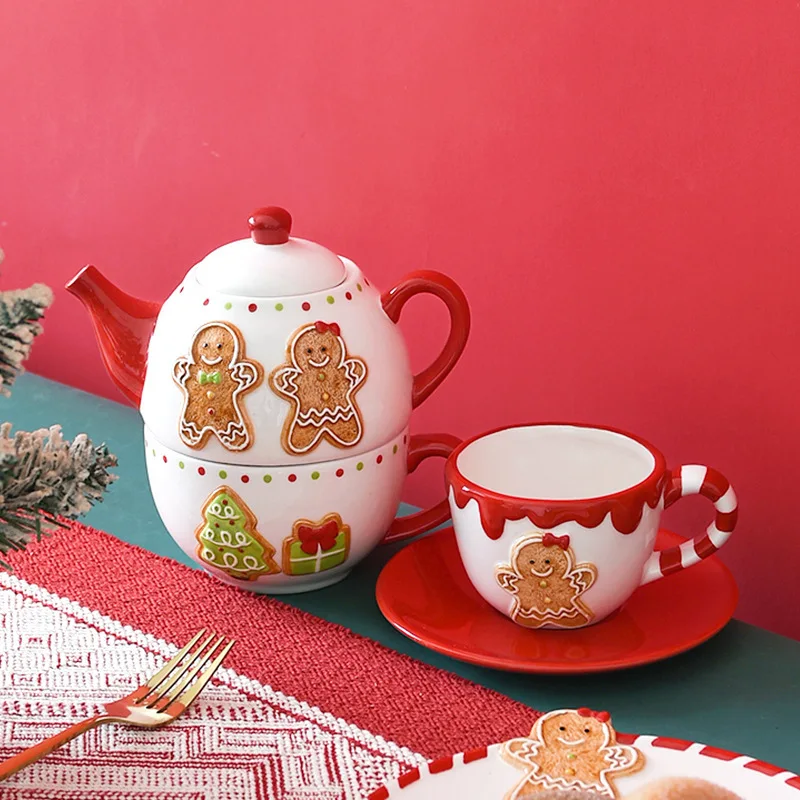 Chávena De Café E Pires Com Tema De Biscoitos De Gengibre De Natal Conjunto De Bule E Chávena Em Cerâmica Para O Chá Da Tarde