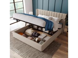 Cama Contentora Estofada Em Linho 180x200cm Com Estrado De Ripas - Bege
