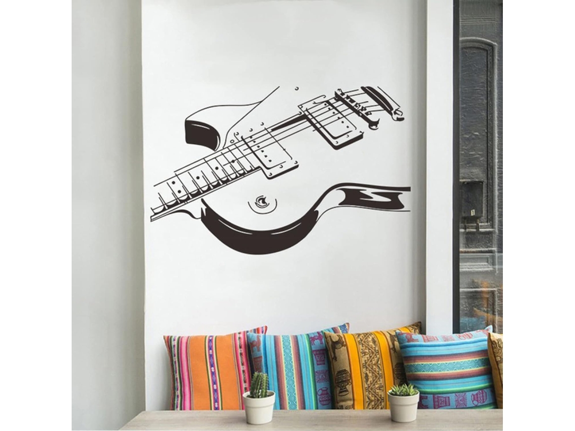 Adesivo de Parede Criativo - Tamanho de Guitarra Musical, Arte de Parede em Preto e Branco, Adesivos de Parede, Adesivos Personalizados, Decoração para Sala de Música