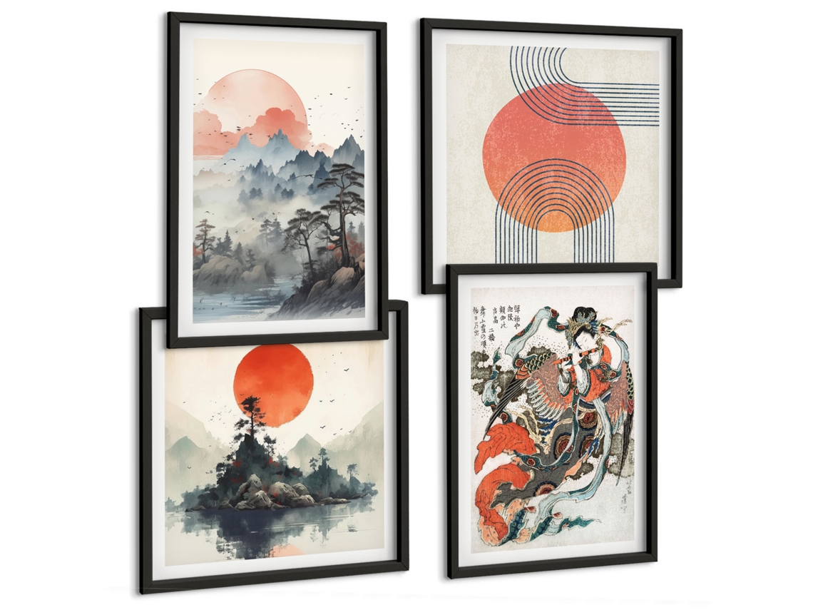 Composição De Quadros Arte Japonesa Natureza Tradição Espelharte (4 Peças)
