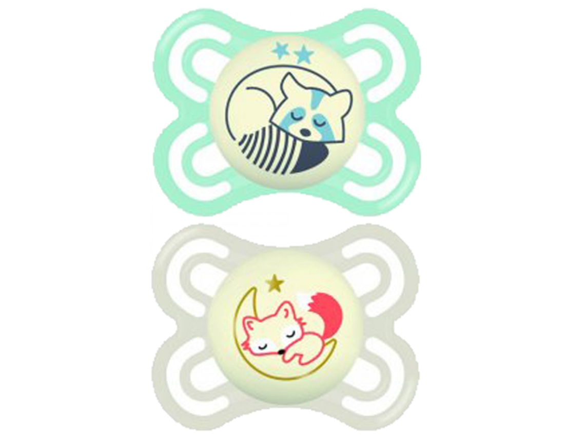Conjunto de Chucha de 2 silicone noturno perfeito 2 a 6 meses Modelo: Guaxinim/Raposa MAM