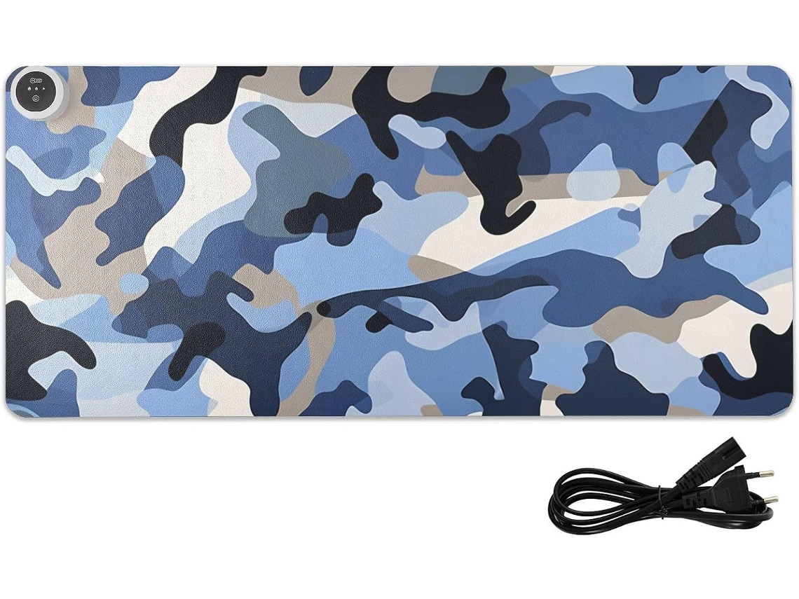 Mousepad Aquecido em Couro Azul Camuflado, 80 X 33 Cm, Tapete de Trabalho Antiderrapante para Teclado, Escritó