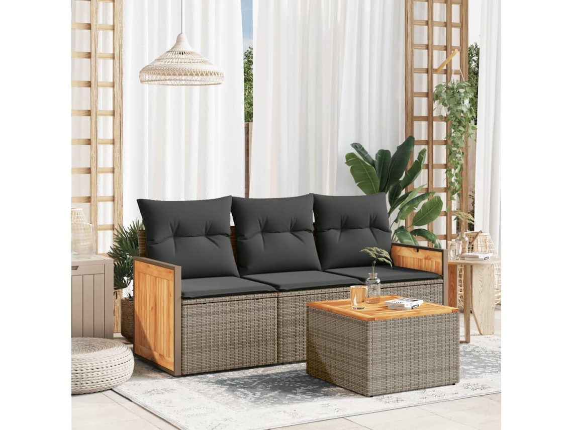 4 Pcs Conjunto Sofás De Jardim C/ Almofadões Vime Pe Cinza Dkd Home Decor