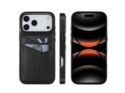 Capa Para Iphone 17 Pro Max - Couro Lichia Com Compartimento Para Cartão Preta
