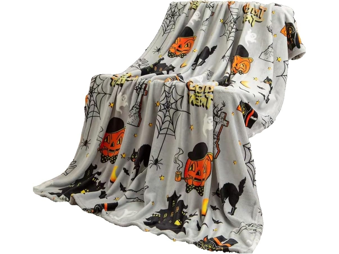 Manta de Flanela Syjym com Estampa Abóbora para o Halloween, Ideal para Quarto, Sala de Estar