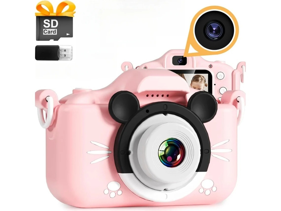 Câmera infantil Yizhood, câmera infantil HD portátil com duas câmeras para tirar fotos e vídeos (64g, rosa)