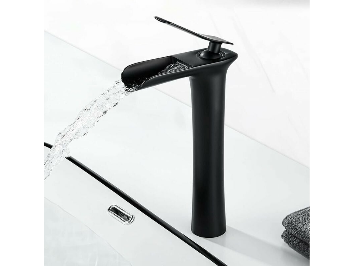 KOFIHETY Misturador De Banheiro Moderno Em Preto Fosco Com Cascata, Altura Do Bico 235mm, Misturador De Latão Com Entrada G 3/8, Água Quente E Fria