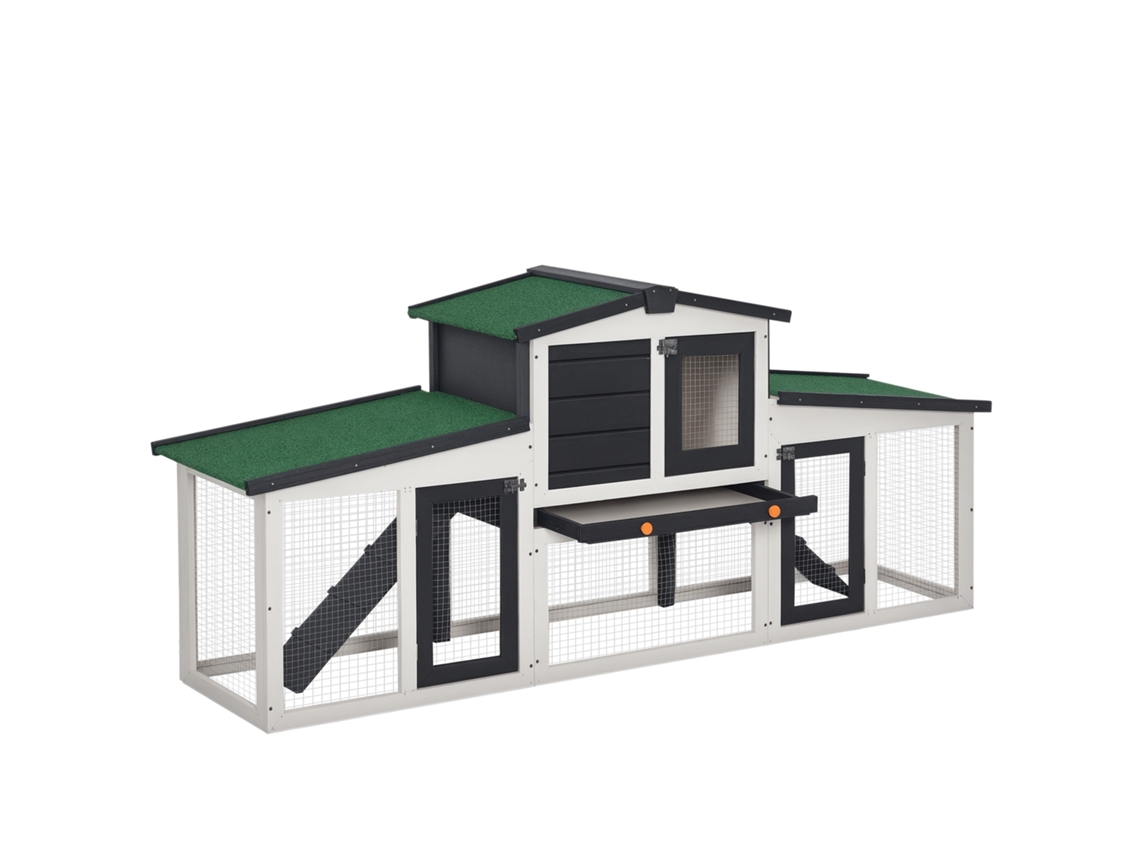 Gaiola de Coelho de Madeira com Escada Dobrável no Telhado e Gaiola Removível para Coelhos de Bandeja para Uso Externo 197x49x86 Cm Cinza Ge