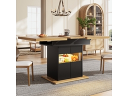 Mesa De Jantar Extensível Com Arrumação E Iluminação Led 110-140cm, Prateleira Ajustável, Carga 60kg Tom Madeira Preta
