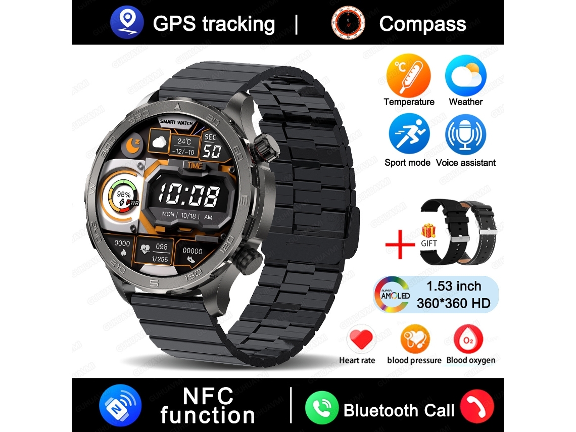 Smartwatch (em Metal Preto), Equipado Com Tela Hd De 1,53 Polegadas, Gps, Nfc E Capacidade De Fazer Chamadas._glo