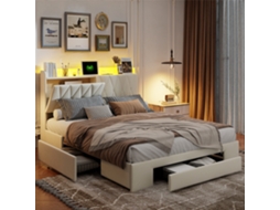 Cama de armazenamento 140x190 cm, ripas, luz RGB LED, sistema hidráulico, estrado anti poeira, linho bege | ROSAHQNDA