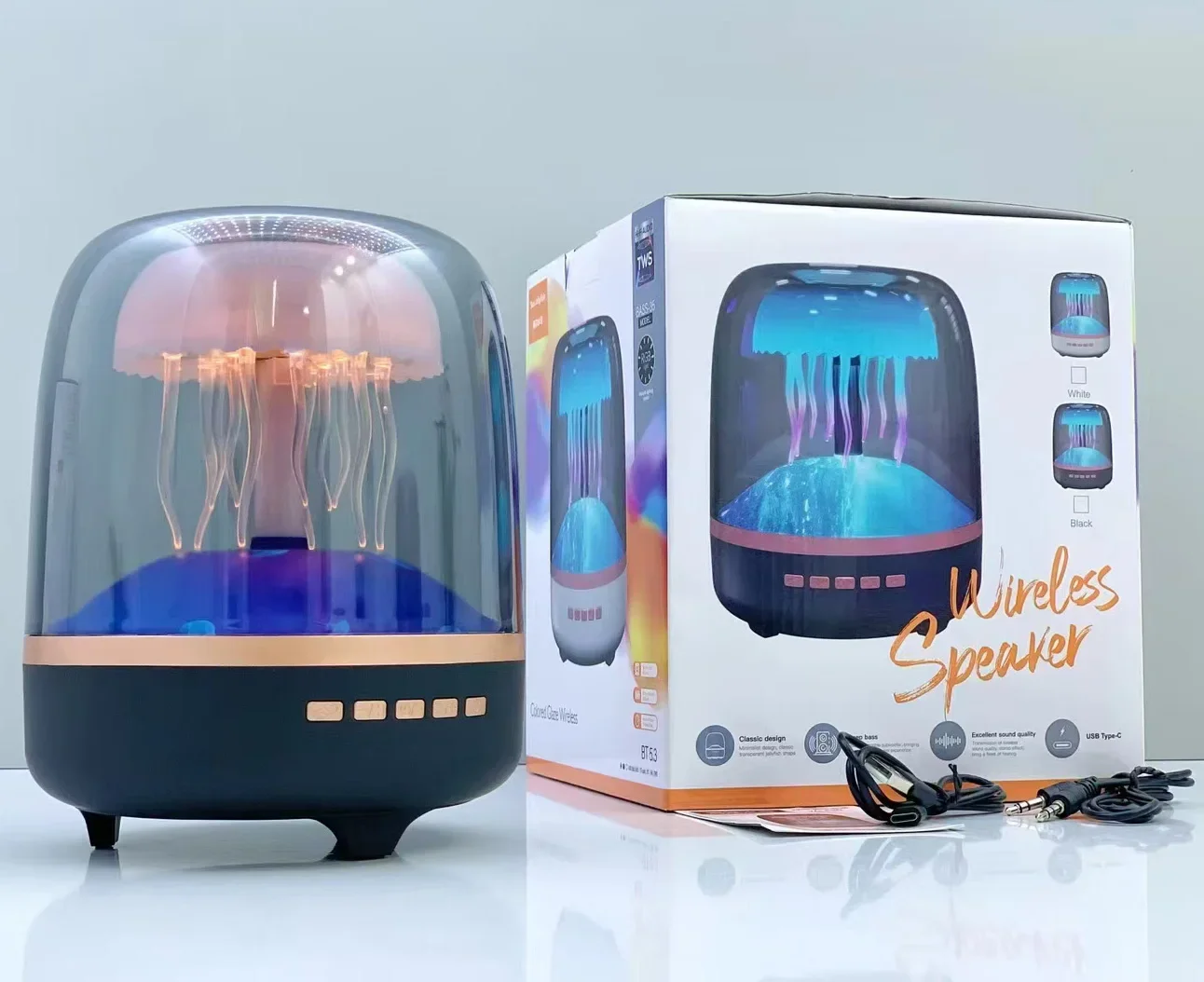 Subwoofer De Mesa Em Formato De Água-viva (preto), Alto-falante Hifi Sem Fio Bluetooth Com Iluminação Rgb.