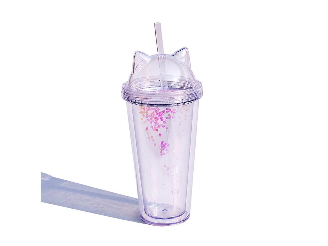 Caneca De Plástico Transparente Com Orelhas Gato E Canudo, Fofa Para O Verão. Aquaforge