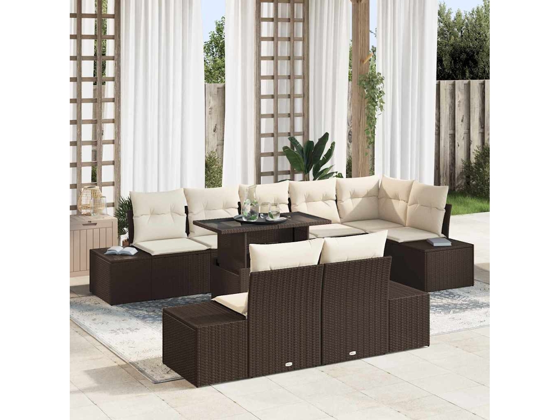 Vidaxl Conjunto De Sofá De Jardim 9 Pcs Marrom E Creme Vime Pe
