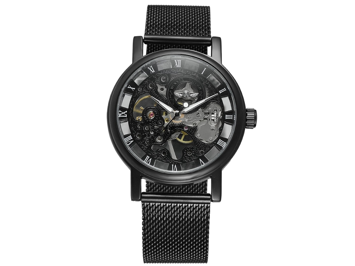 Relógio Mecânico Masculino com Pulseira de Malha de Aço Inoxidável Waterproof Oco Vintage