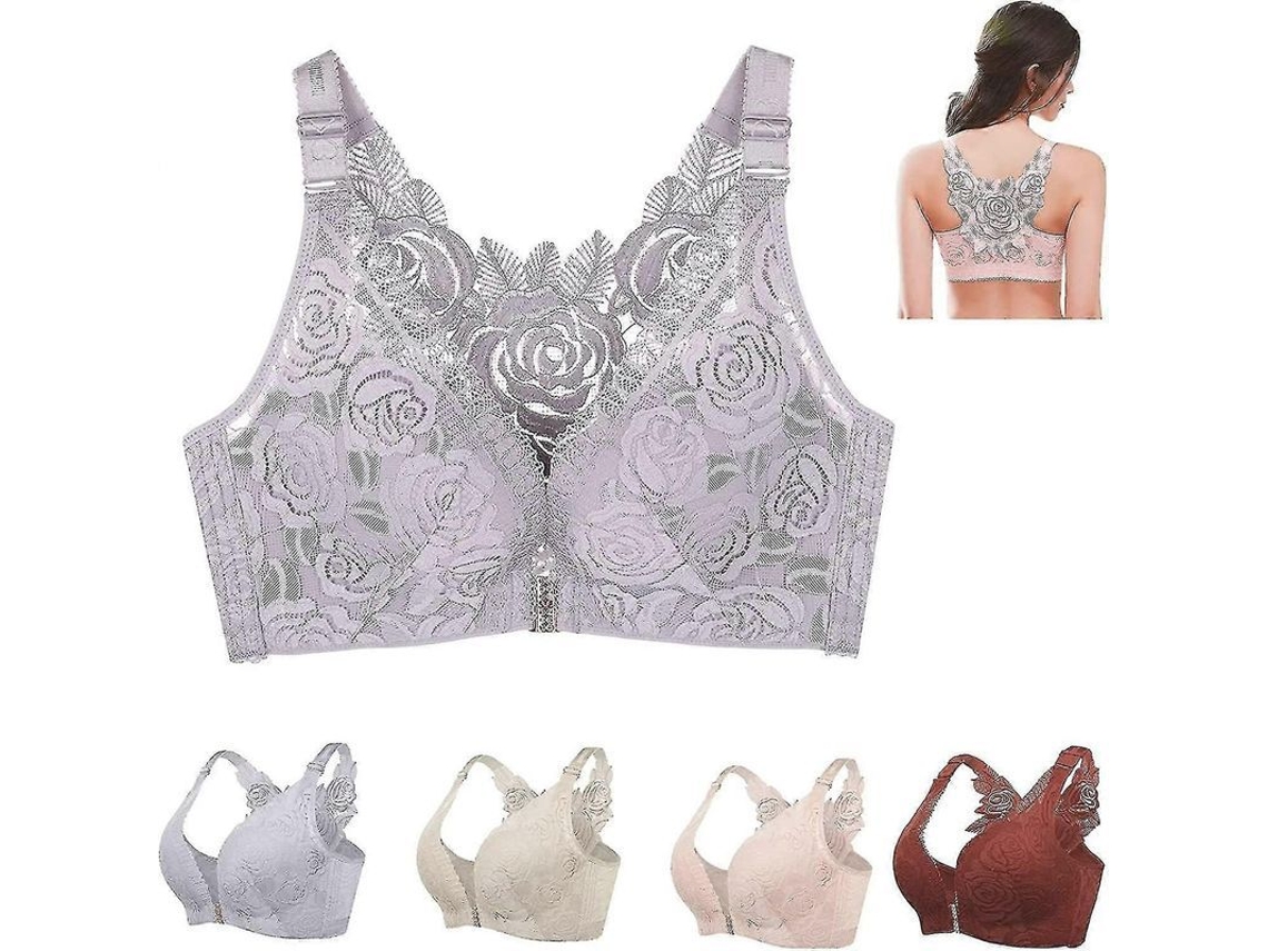 Sujetador Floral Secrets Comfort Rose, Sem Arame, Fecho Frontal, Tamanhos Grandes 38-85e, Cor Cinza Leite 38-85e Gris Leche