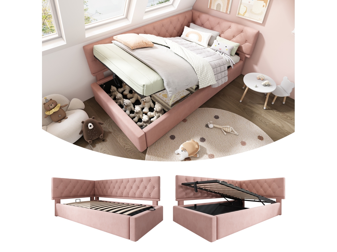 Polsterbett 90x200cm Rosa Samt Schlafsofa Com Armazém Hidráulico Sem Colchão