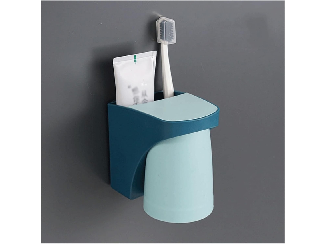 Conjunto Copo Magnético Para Escova De Dentes - Suporte Escova - Copo 2 Em 1 - Sem Furos - Pp - Azul