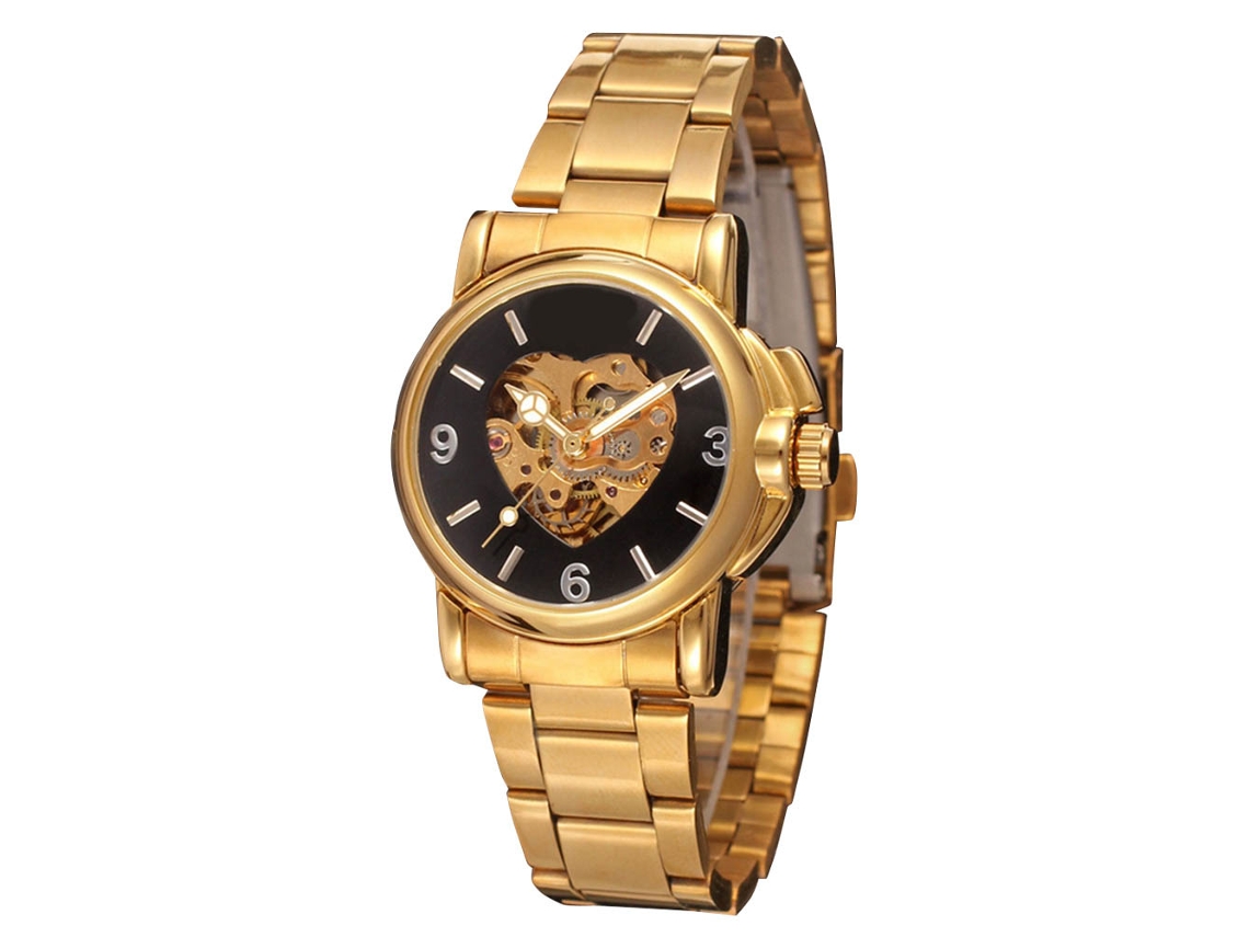 Relógio masculino automático com mecanismo de coração vazado, pulseira de aço preta e dourada, resistente à água.