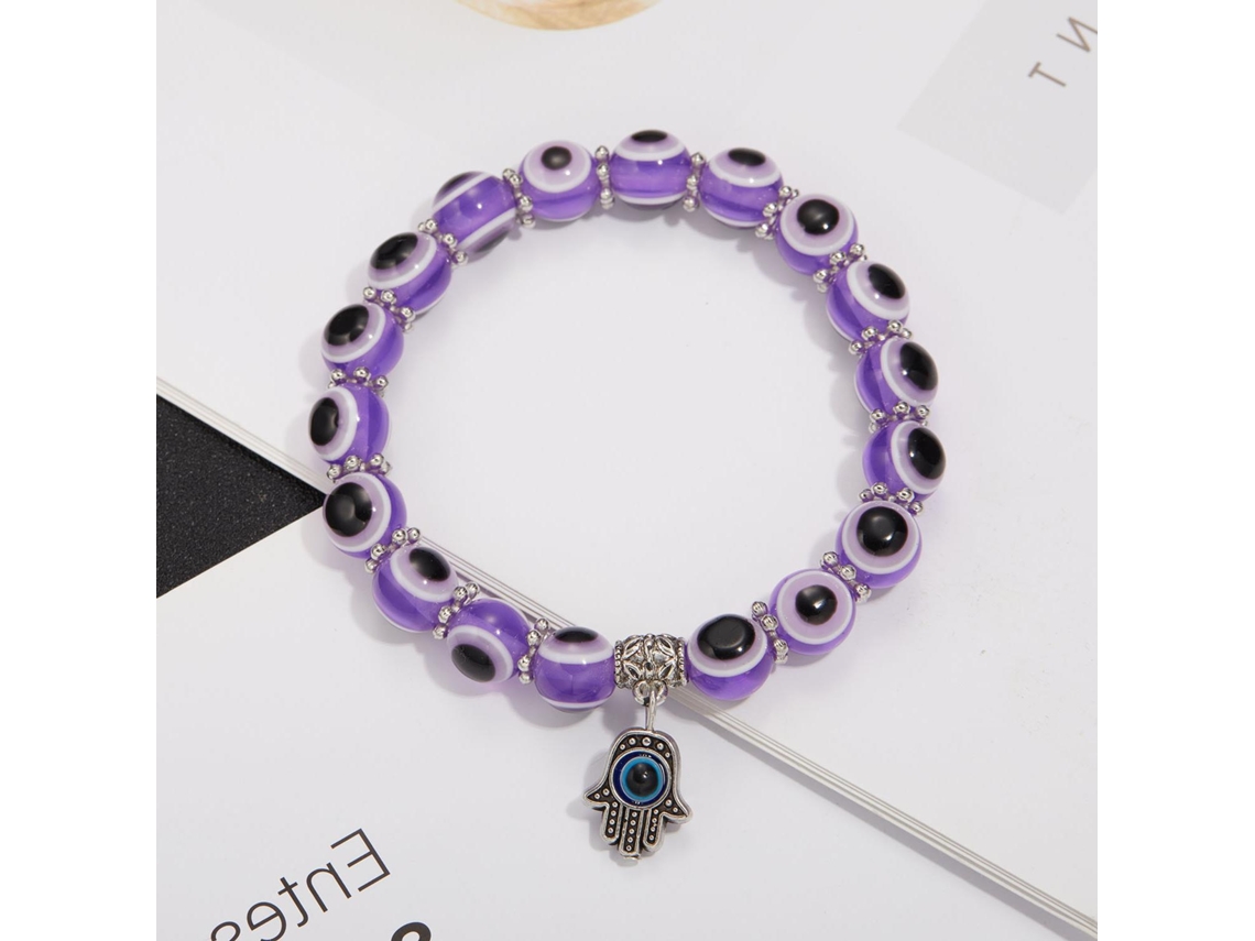 Pulseira Olho Grego, Pulseira com Pingente Mão de Hamsa Roxa SIURN