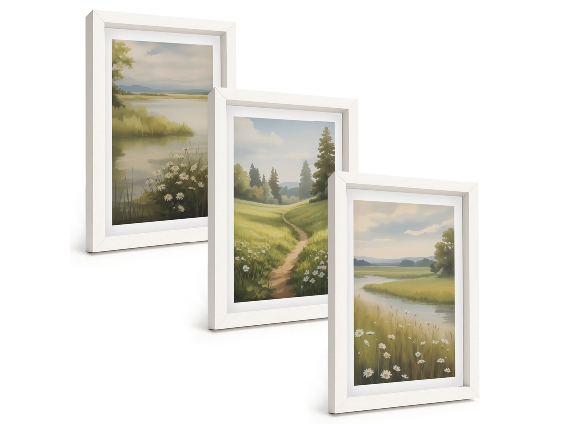 Composição De Quadros Paisagem De Primavera, Rio E Prado Espelharte (3 Peças 20x30 Cm)