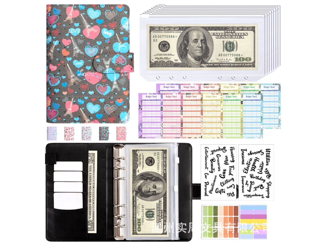 A6 Love Tower Korean Macaron Style Pu Leather Refillable Planner Notebook, Gray Cover With 8-zipper Bags, 12-cash Budget