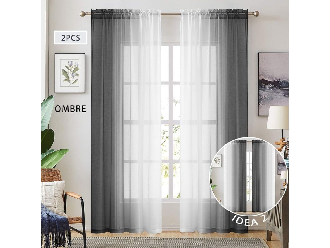 Cortinas Translúcidas Falso Lino Degradado Negro 2 Tonos Reversibles, 54x72 Polegadas, Com Bolsa Para Vara, Conjunto De 2 Painéis